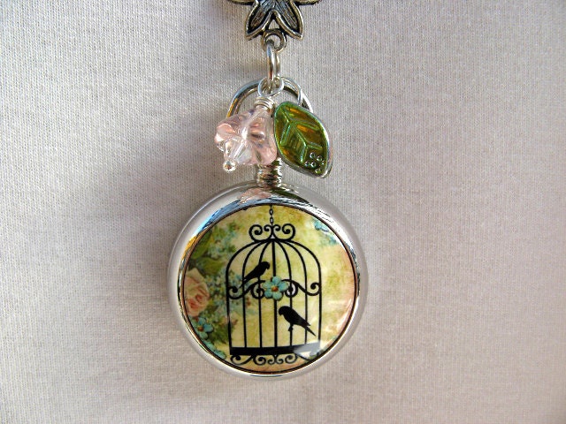 18th Century Antique Style Love Bird Watch Necklace, Silver Necklace Watch - Pink Flowers - Green Leaf - Watch Locket
