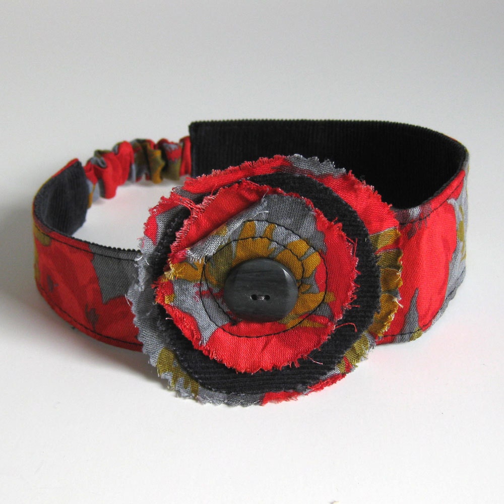 RED HEADBAND - reversible headband - floral headband -  grey headband - BONUS removable hair clip