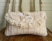 Vintage Style Embellished Handbag with Fabric Flowers, Ivory Crochet Clutch Handbag, FREE US Shipping