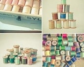 Cotton - Sewing photographs, craft room decor, sewing room art, cotton reels, Set of FOUR 5x5 Prints