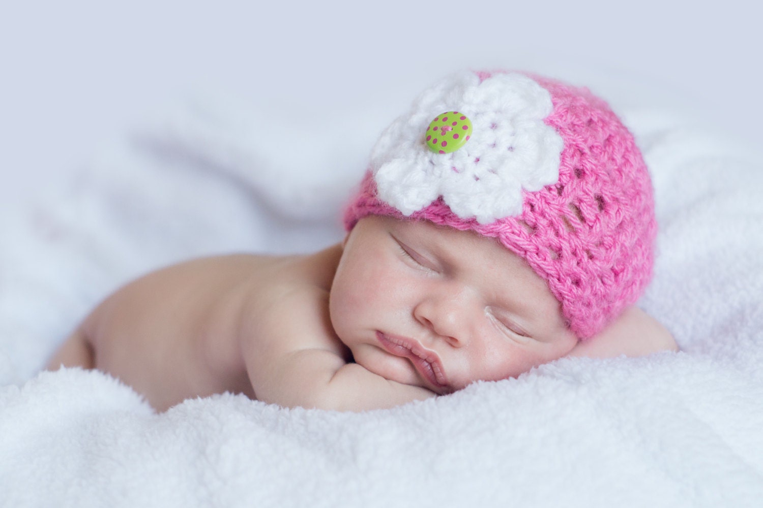 Newborn Beanie Hat with Flower Embellishment - Hand Crocheted - Photographer's Prop