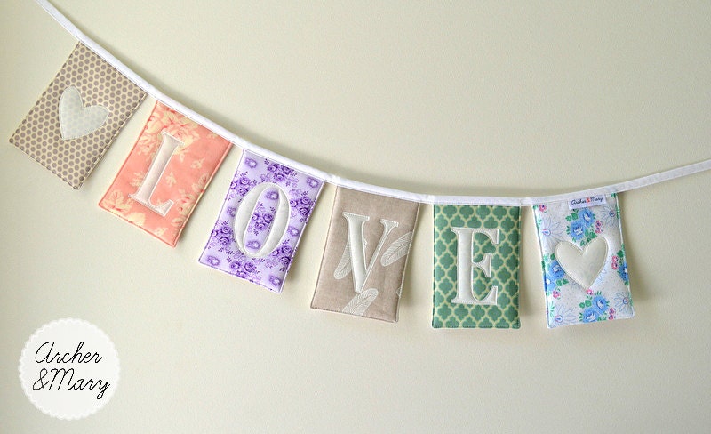 Sale Reduced - READY TO SHIP - 'Love' Padded Bunting - Linen, Peach, Lilac, Sage Green and Blue - With Heart Motifs