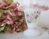 Vintage Fenton Art Glass Basket Hand Painted with Pink Roses Cottage Chic Shabby Chic
