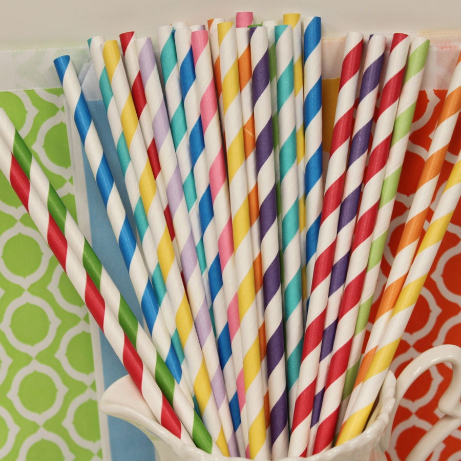 Rainbow Paper Straws, Striped Paper Drinking Straws, 30 Assorted Paper Straws with Diy flag, Drinking Straws, Paper, Bags, Bakers Twine