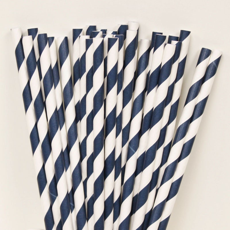 Paper Straws, 25 NAVY STRIPED Paper Drinking Straws with DIY Flags, Nautical, Graduation Parties, Bridal Showers