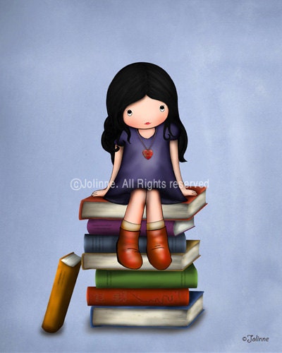Girl sitting on books wall art print, girls room decor, nursery wall art, girl reading, purple children art, kids wall art