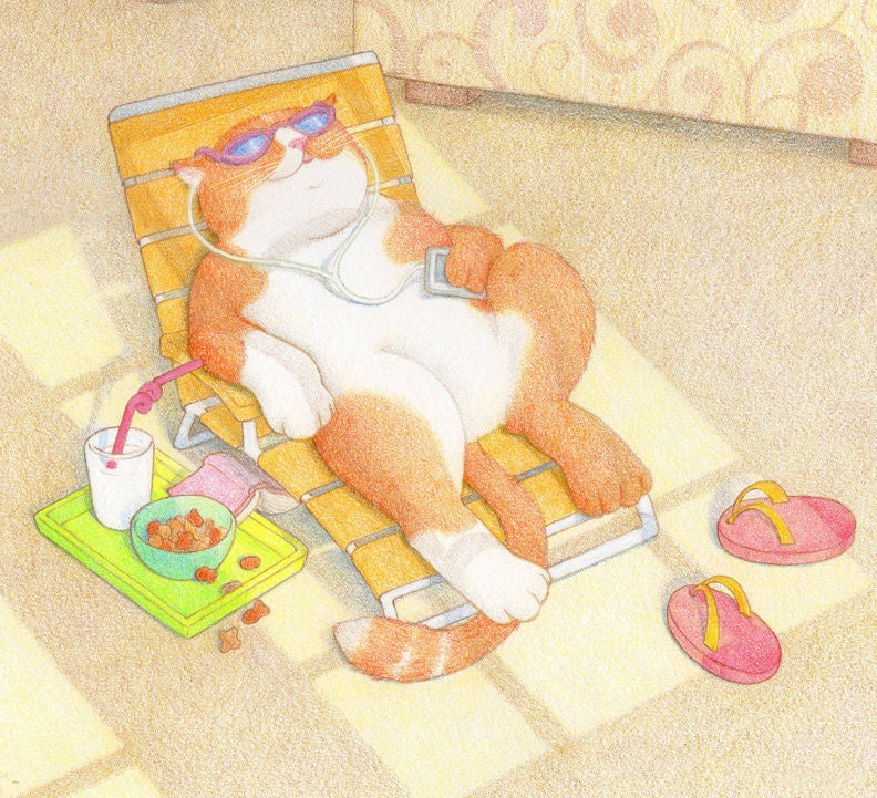 Sunbathing Kitty - ORIGINAL Colored Pencil Illustration - Kids Childrens Book Art - Funny Cat Art
