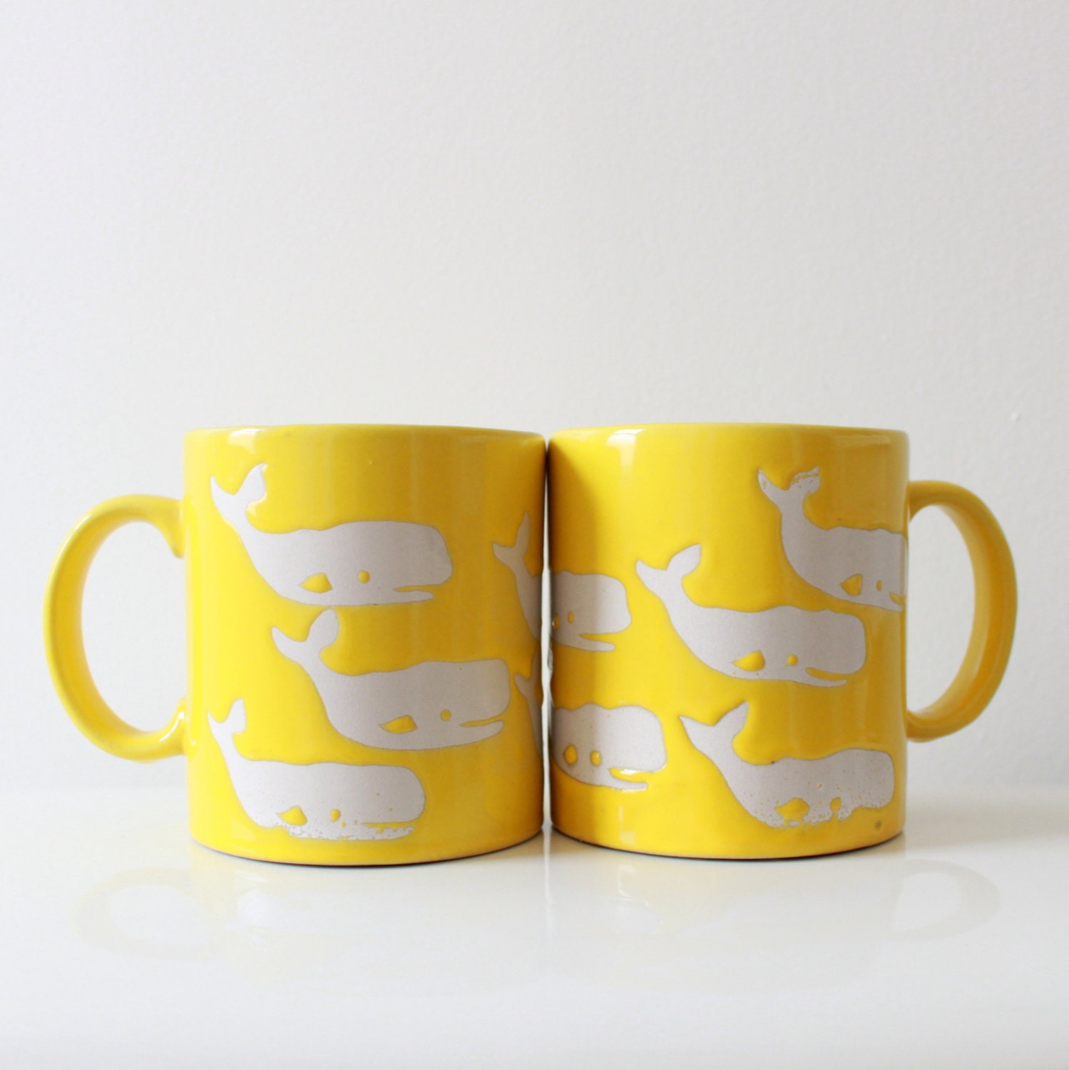 Modern Retro Yellow Ceramic Whale Mugs - Set of 2 - Made in Japan