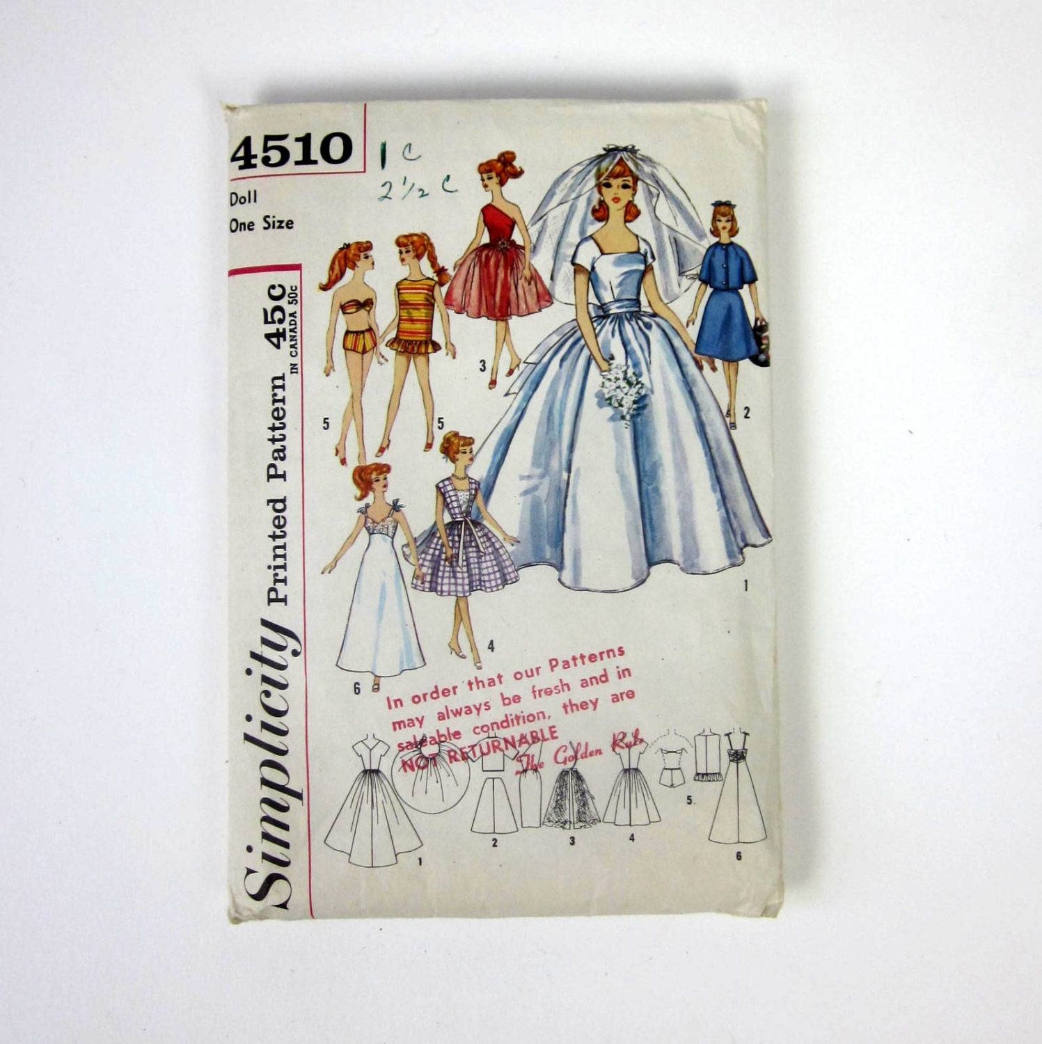 11.5" Doll Bridal Gown and Trosusseau For Teen Doll Including Barbie 50s Simplicity Pattern 4510 / Missing Veil