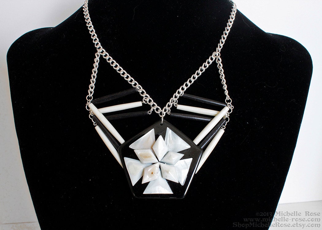 Bone & Shell Tribal Flower Necklace - Hairpipe Beaded Neckace Silver Plated Chain - Handmade Chunky Chevron Pentagon Statement Necklace