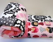 Baby Girl Quilt, Modern Patchwork Quilt, Pink, Gray Grey, Black, Chevron, Princess, Damask