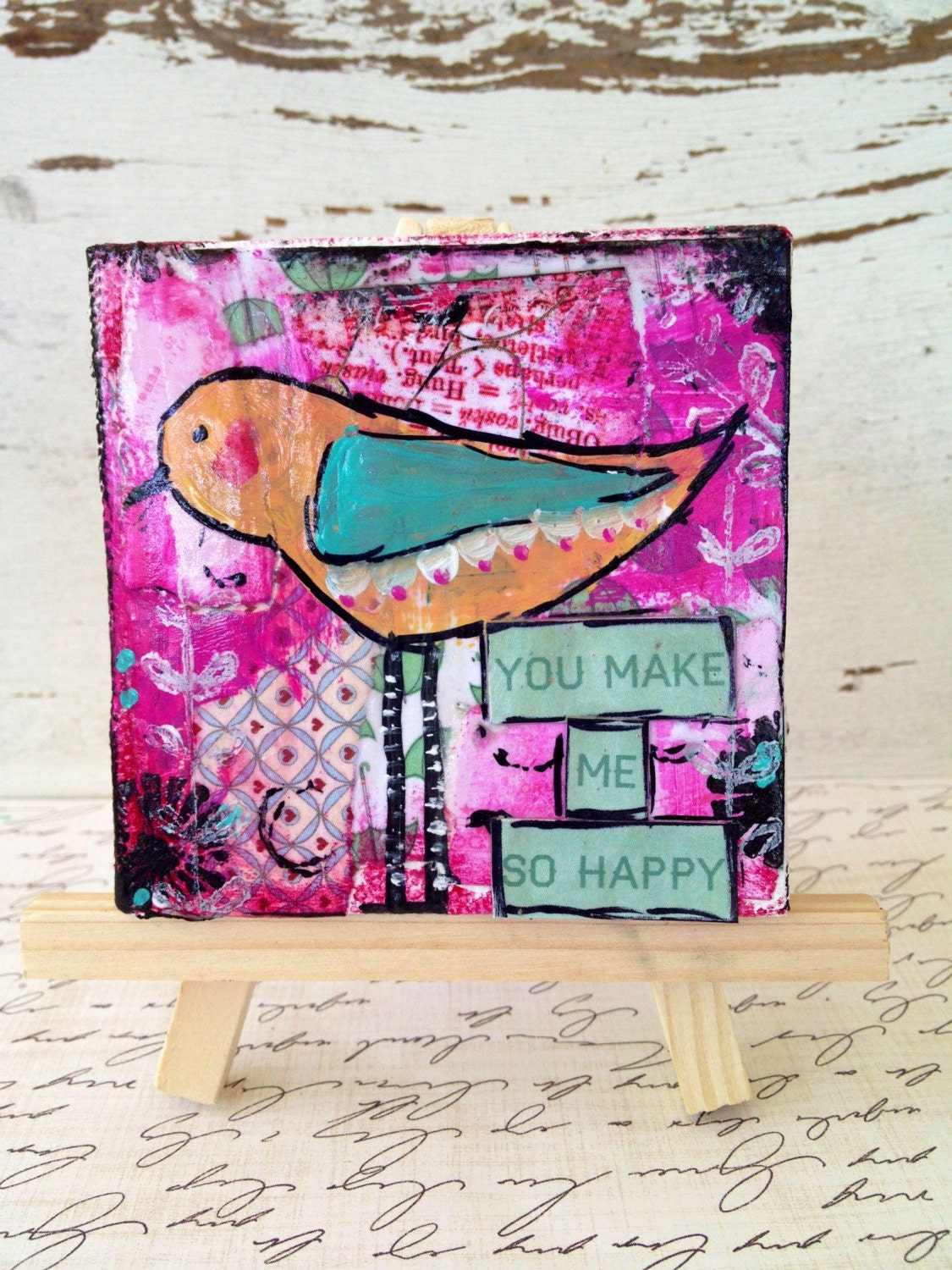Whimsical bird mixed media 3 x 3 canvas, you make me happy