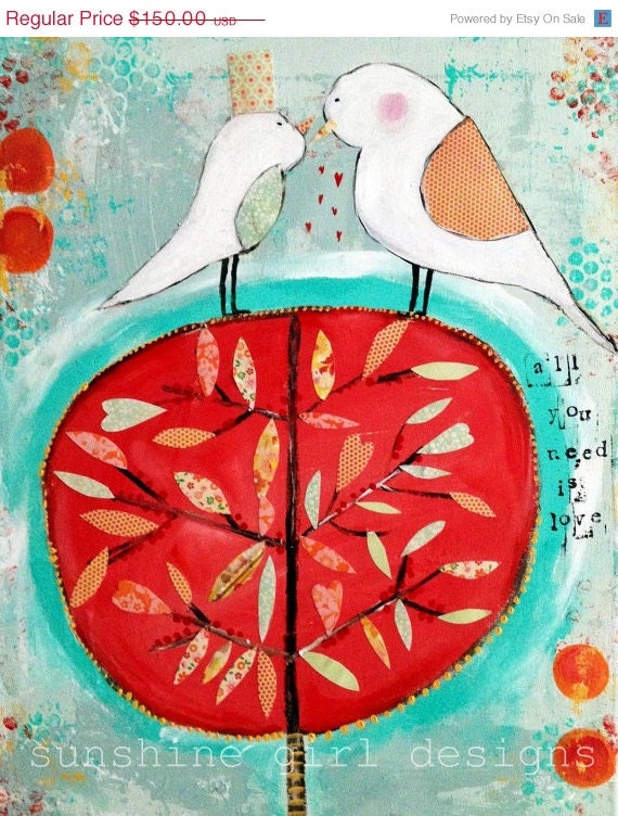 On Sale Whimsical bird original mixed media painting, all you need is love
