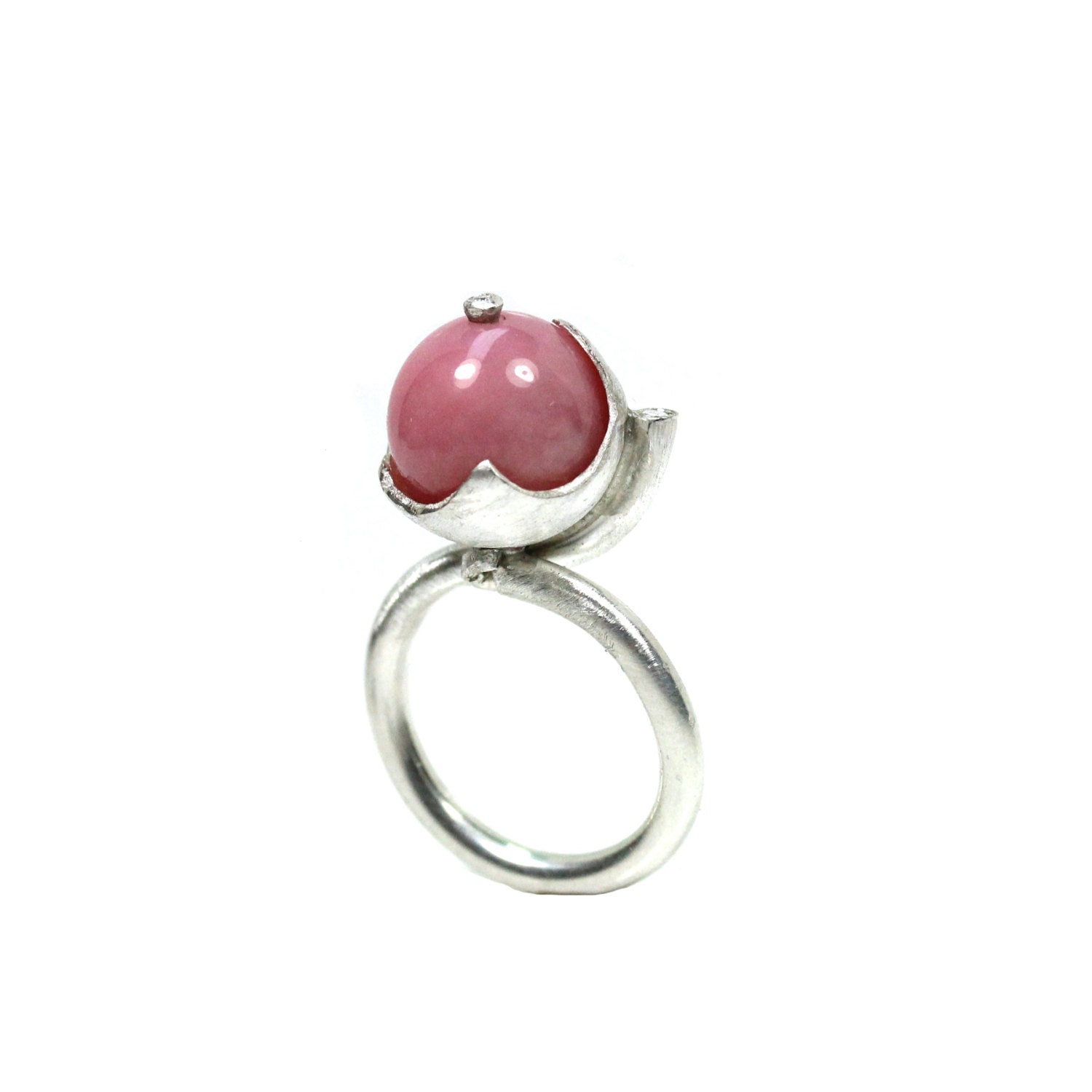 Feminine Pink Opal Diamond Silver Ring - Rosenkelch - NangijalaJewelry