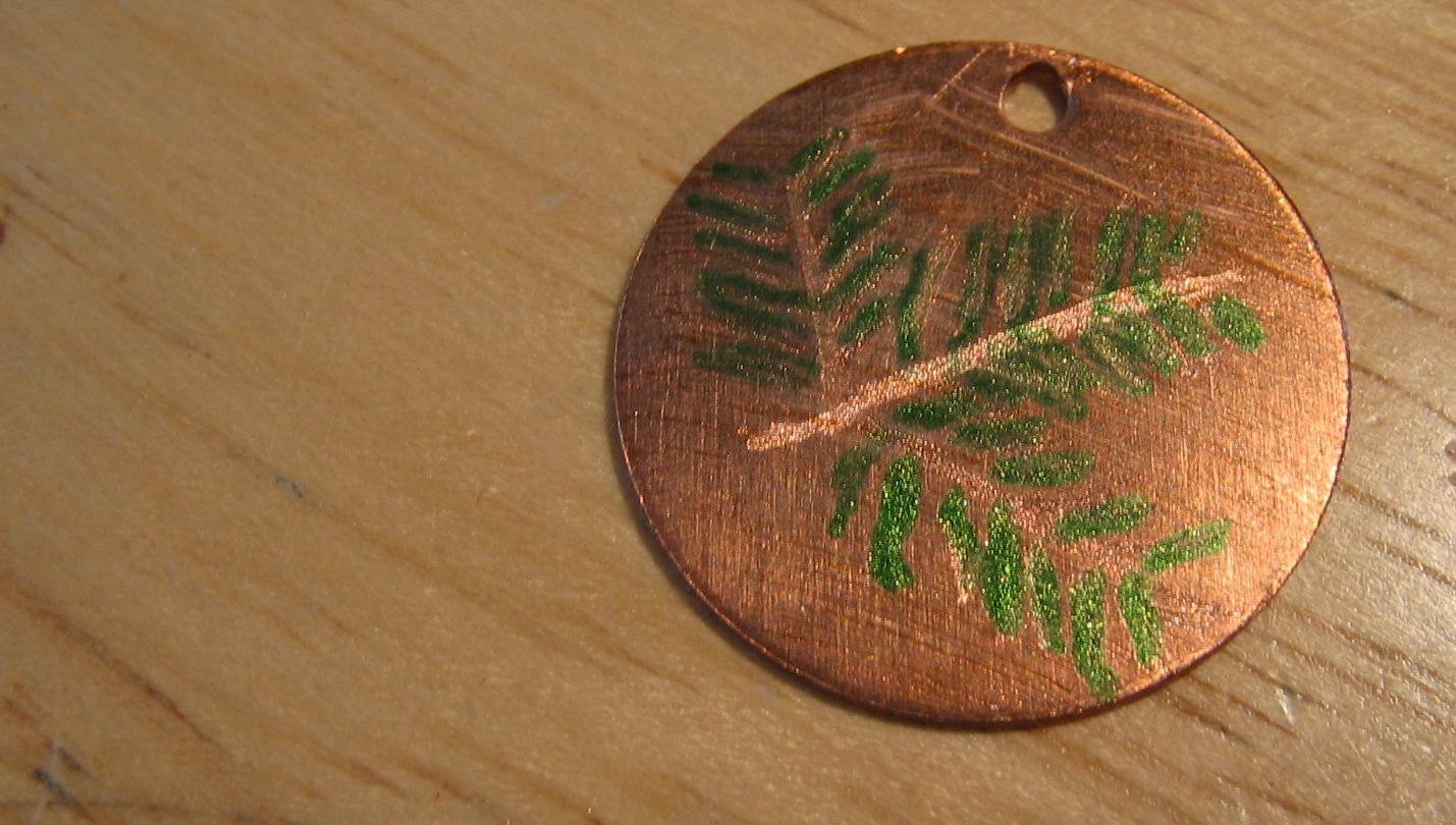 Canadian Hemlock Engraved and Painted Metal Pendant Charm Medallion