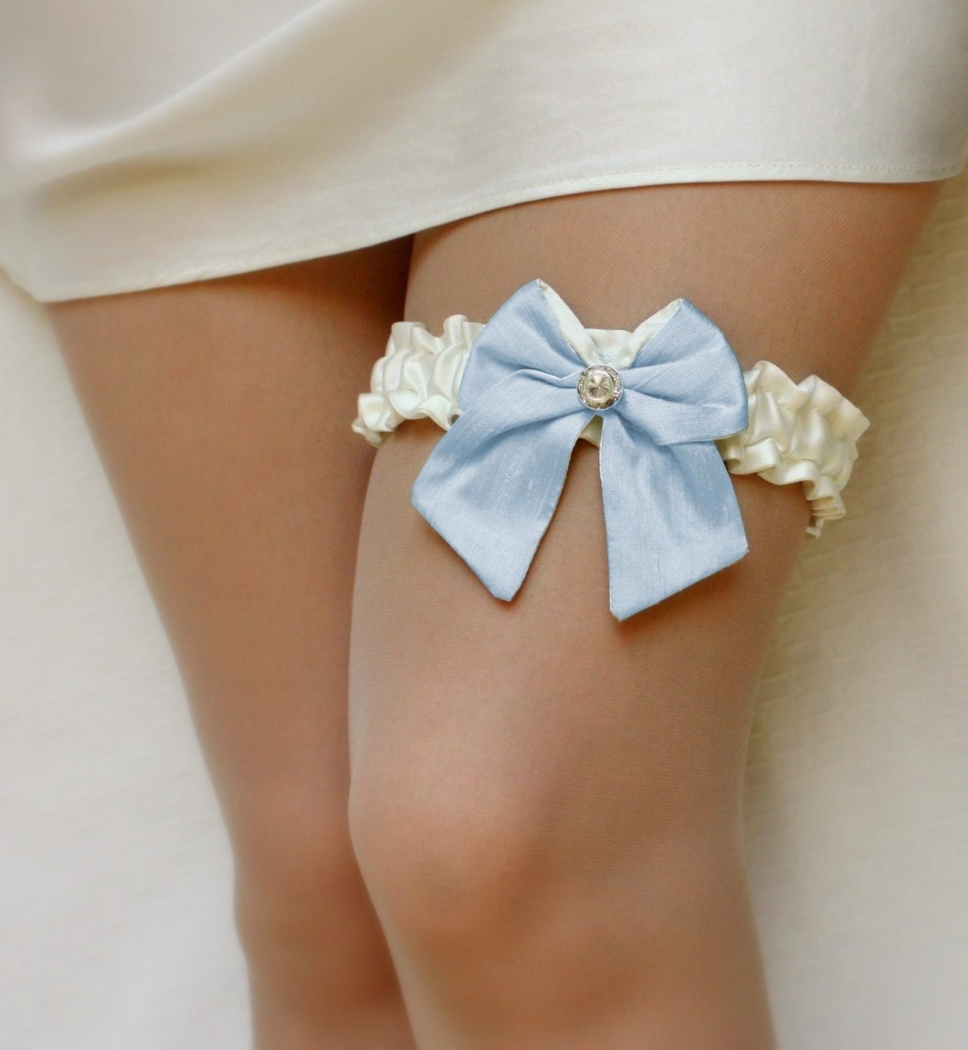 Ivory Garter with Blue Silk Bow - the Daphne Garter (Many Colors Available) - wedding day, bridal something blue