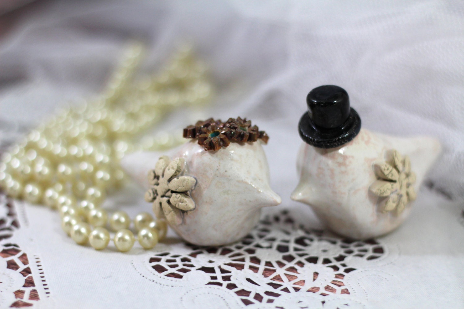 Love Birds Wedding Cake Topper, Personalized Wedding Cake Topper, Kissing Birds Clay Figurine