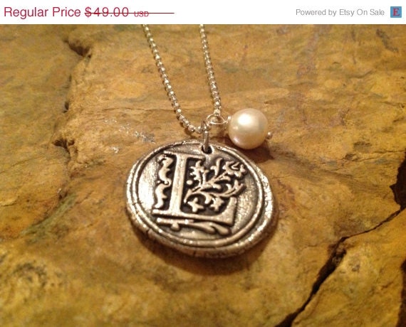 ON SALE Fine Sterling Silver Wax Seal Initial Pendant Necklace