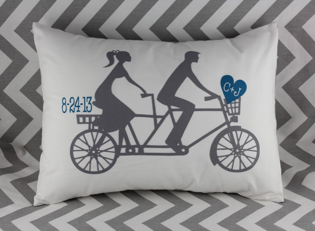 tandem bicycle with date and initials pillow. custom orders. comes in any color or design.