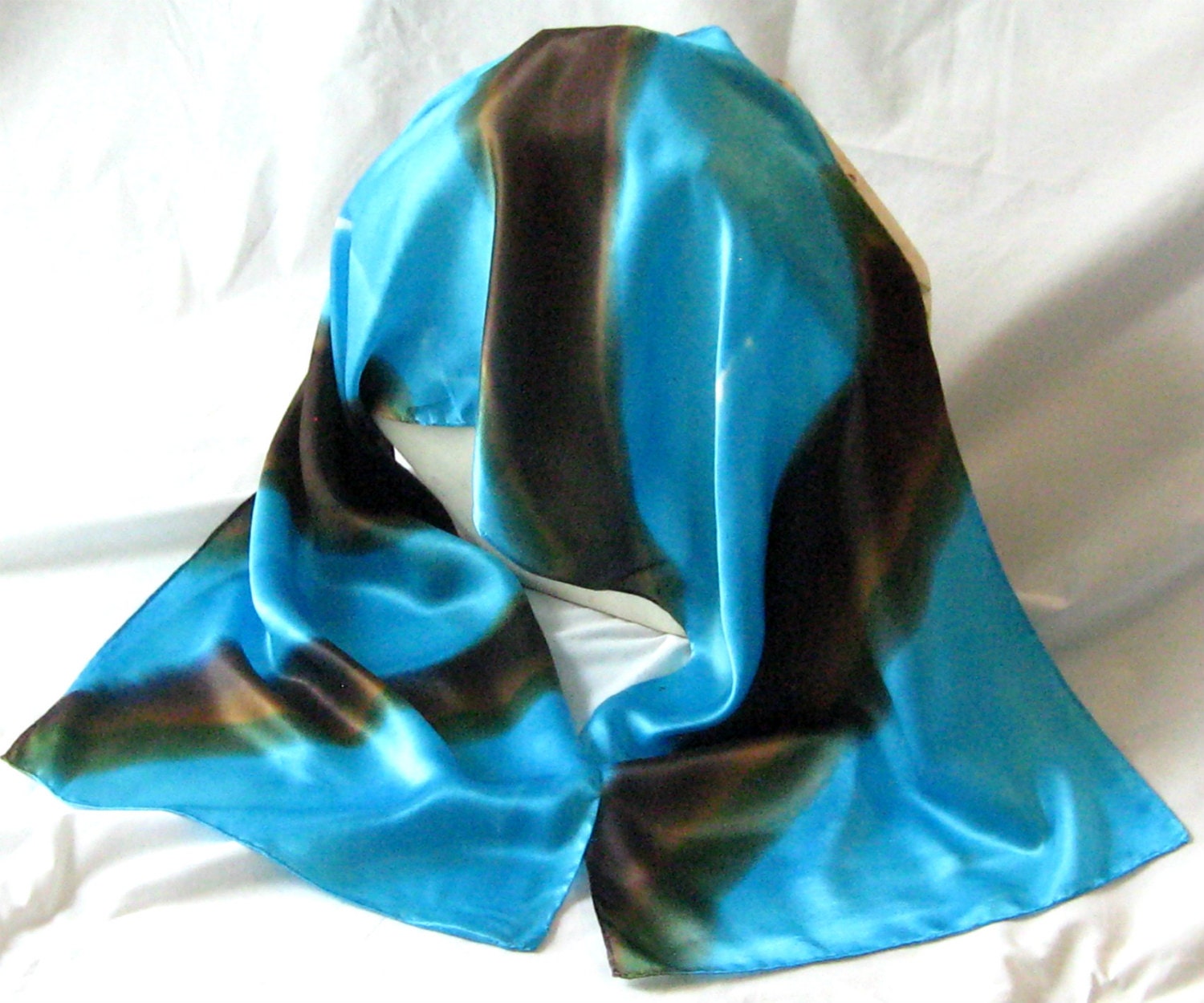 Silk Scarf,Silk Satin Scarf, Hand Designed,Women's Fashion Accessory,(Too Beautiful) Turquoise,Chocolate,