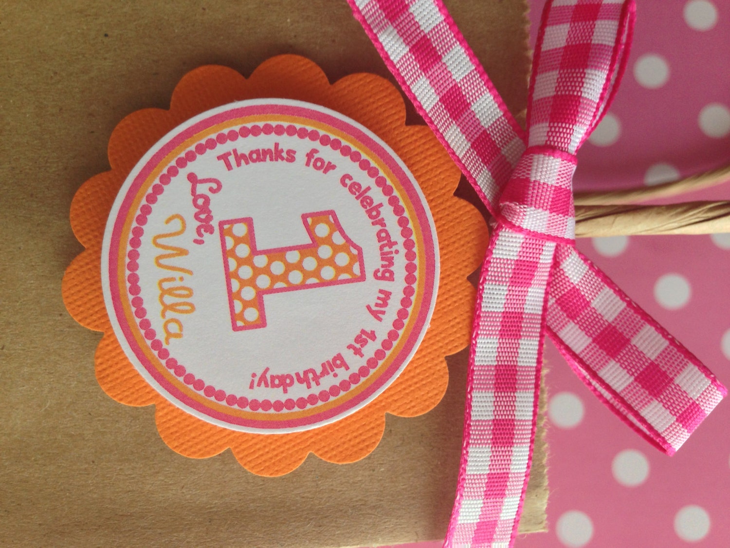 Pink & Orange Polka Dot Birthday Personalized Favor Tags, Custom Hang Tags, Labels, Party Favors - Set of 12