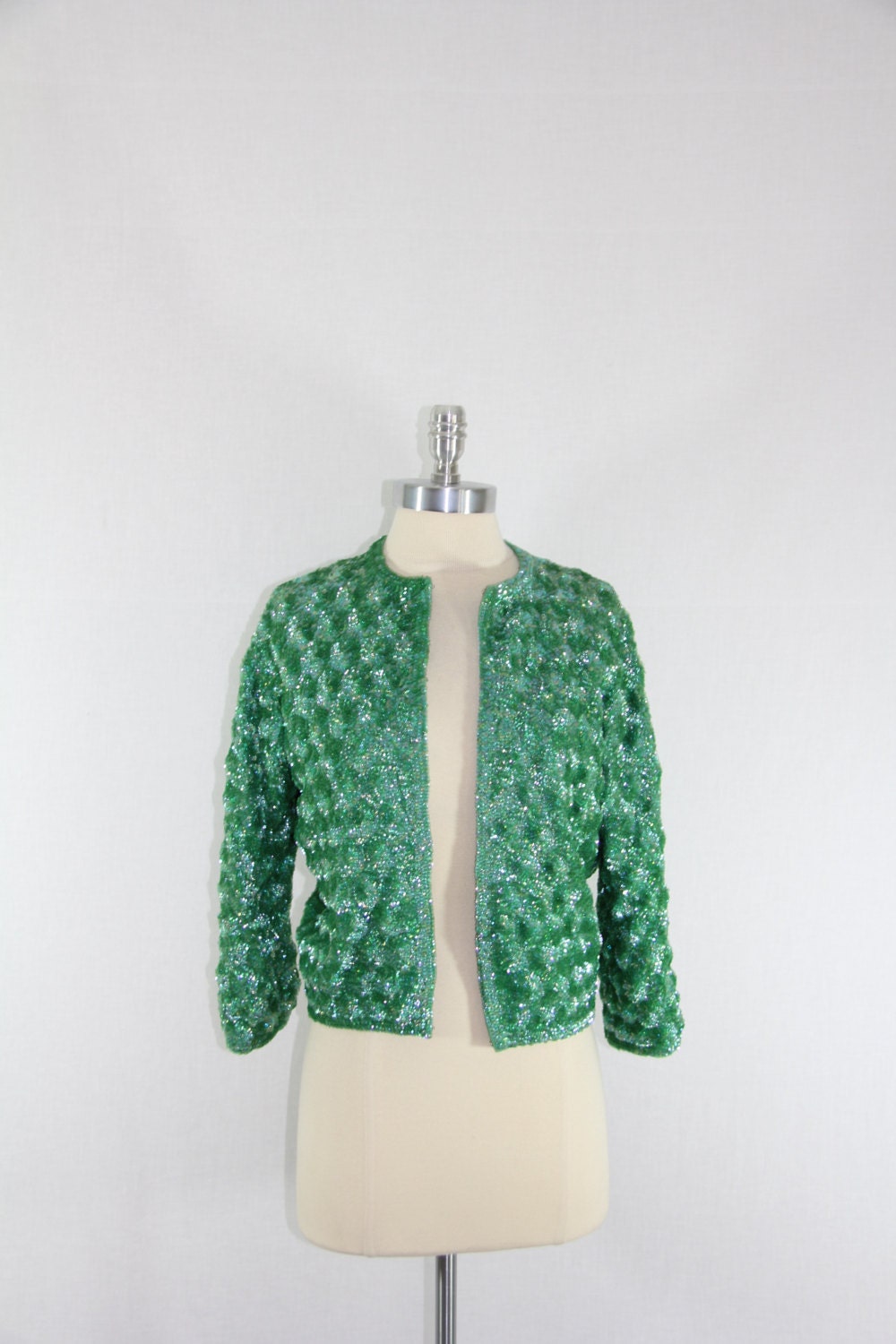 1950s Vintage Sequin Cardigan - Iridescent Green Heavily Sequined Sweater