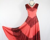 1940s Vintage Dress - Salmon Satin with Black Lace Wedding Party Prom Gown