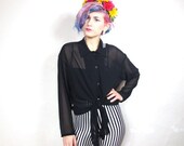 20% OFF VACATION SALE 90s Goth Cropped Sheer Black Tie Front Blouse (M/L)