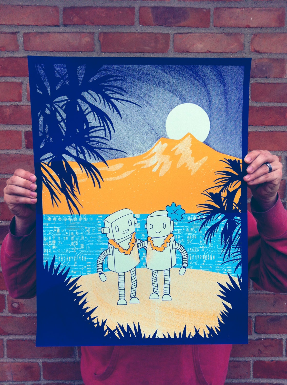 Tropical Robot Vacation 3-color Screen Print