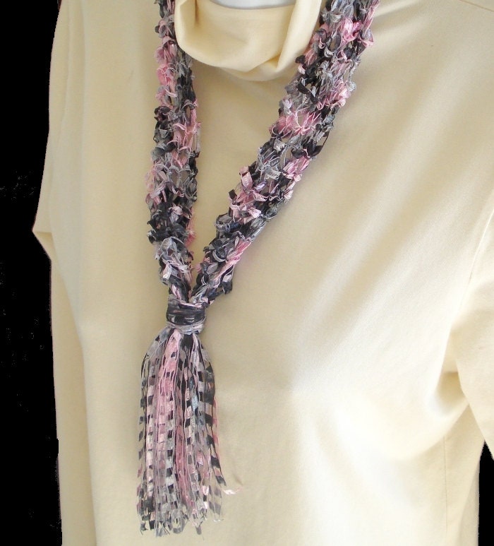 Soft Fiber Textile Necklace Scarf, Hand Knit of Pink and Gray Ladder Yarn - New Color for Spring