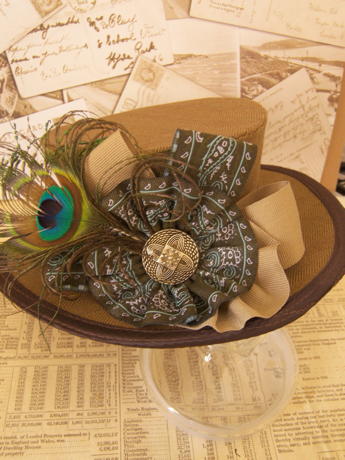 Western Promise - Steampunk riding top hat made with tweed fabric and vintage trimmings