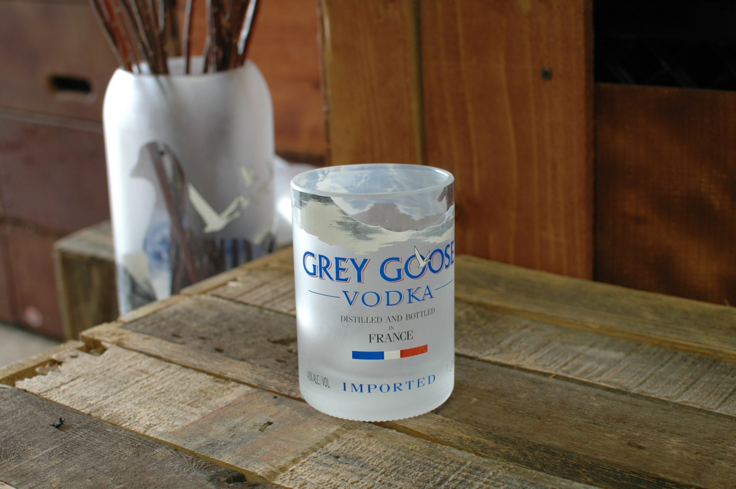 Two Grey Goose Vodka Low Ball Tumblers // 1L Glass Bottles
