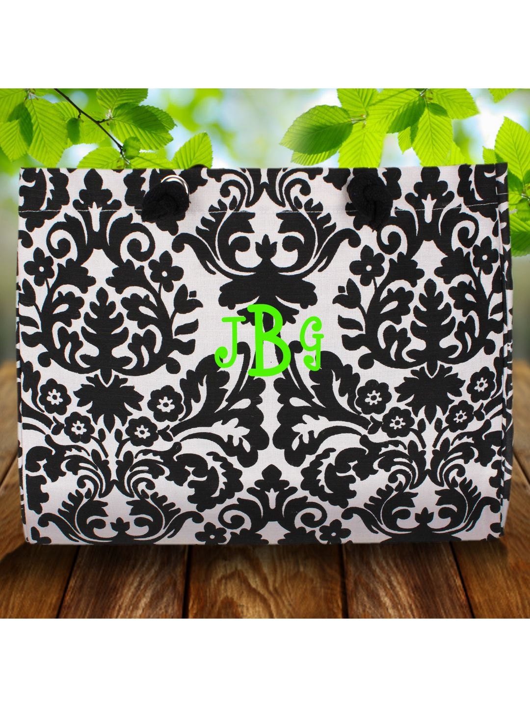 Juco Jute Black and White DamaskTote Bag Purse  Personalized Beach Shopper Circle Monogogram  graduation wedding mothers day