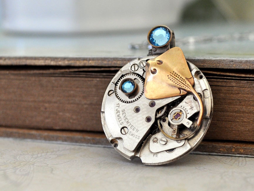steampunk necklace - UNDER THE SEA - vintage watch movement necklace with brass stingray fish charm