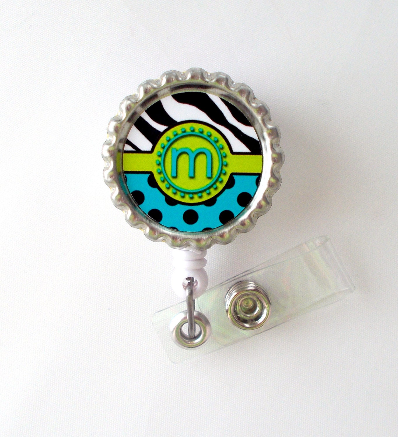 Funky Initial - ID Badge Holder - Badge Reel - Name Badge Holder - Bottle Cap Badge - Nursing Badge - Nurse Badge Holder