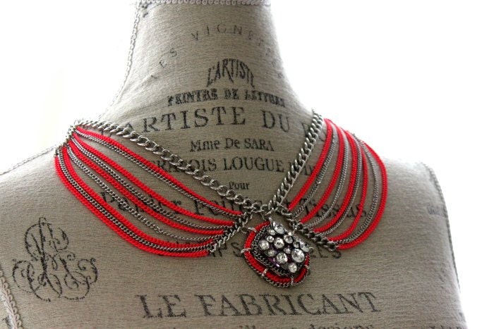 Peter pan collar necklace, chain choker, Art deco, neon pink silver, funky, true rebel clothing, boho chic, womens jewelry,