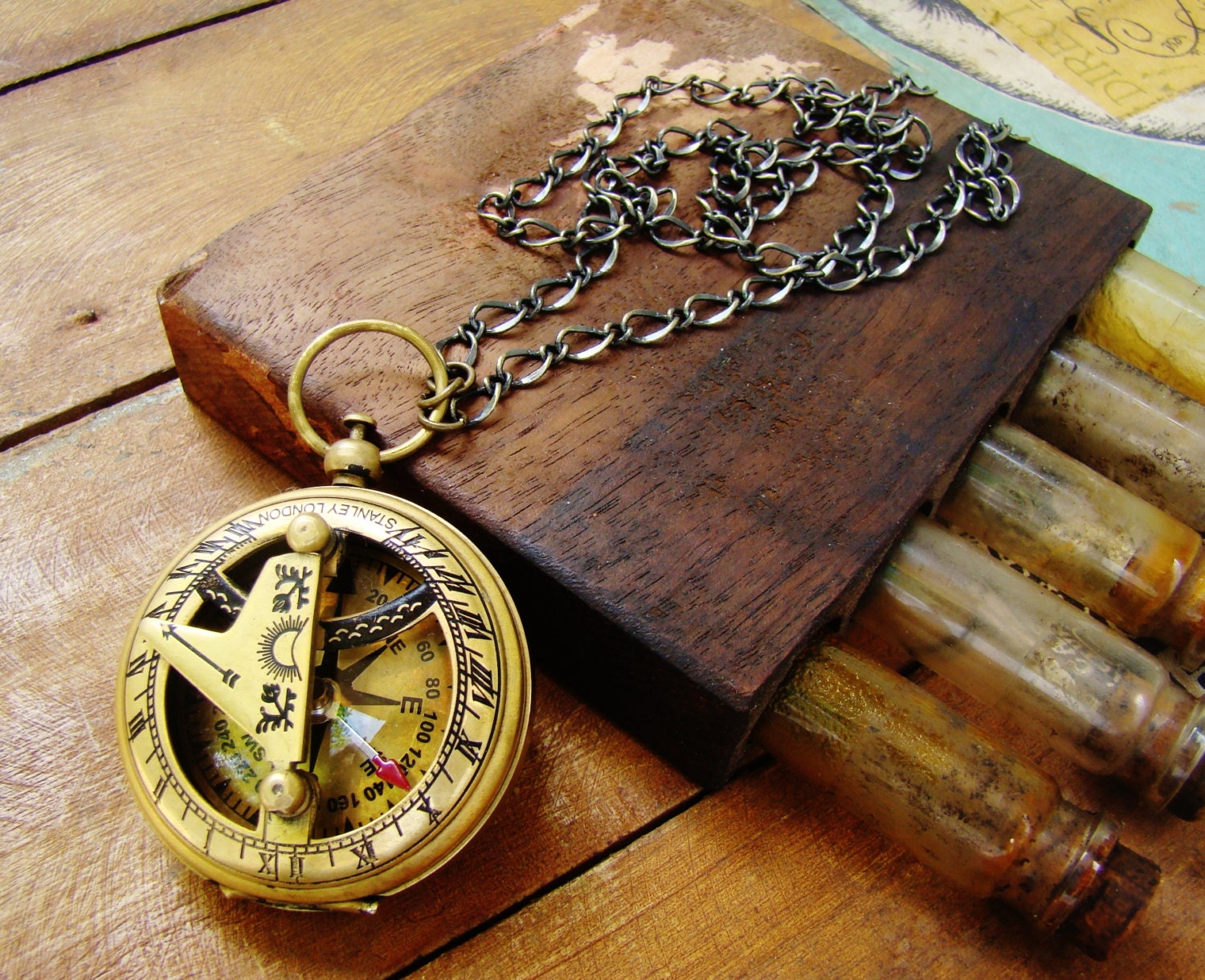 Unisex Nautical Brass Sundial Compass Necklace