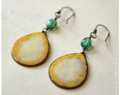 Yellow enamel earrings, Emerald May Birthstone, Large sunshine Tribal copper enamel earrings, Copper Sterling Silver, COLOR BLOCK, Plage