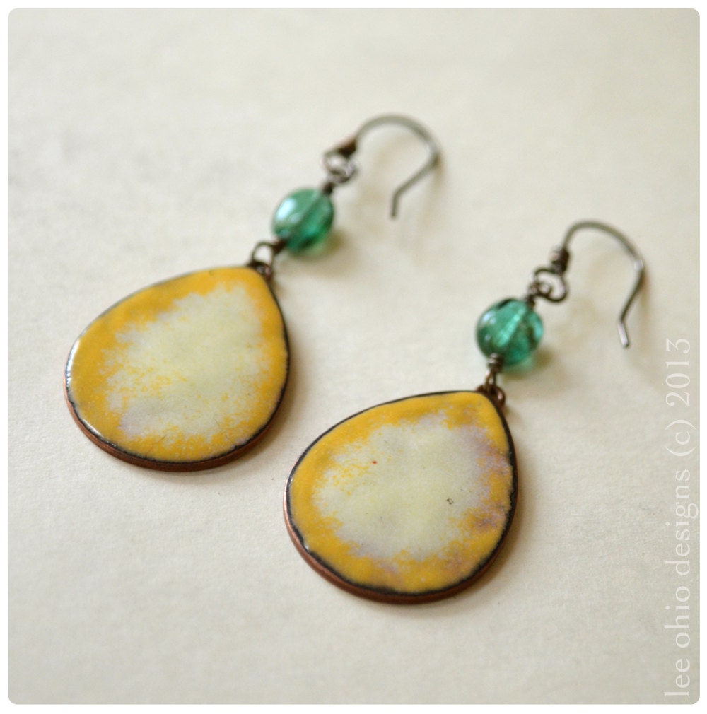 Yellow enamel earrings, Emerald May Birthstone, Large sunshine Tribal copper enamel earrings, Copper Sterling Silver, COLOR BLOCK, Plage