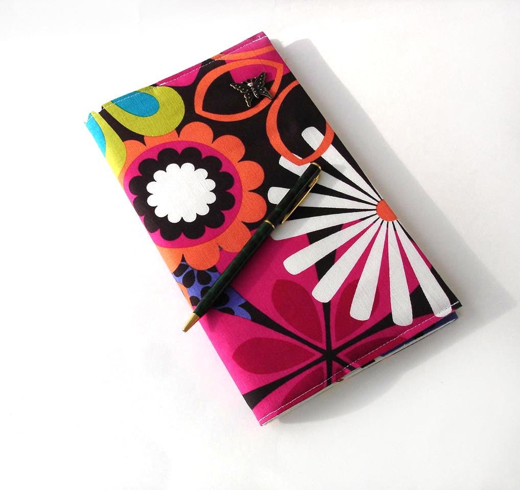 Journal diary, small travel notebook, reusable cover, bold bright cotton covered