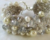 Bridal Wedding Jewelry, Hand Knit Soft Fiber Cuff Bracelet, Smokey Quartz Crystal, Ivory, White Pearl, Rhinestone  by Sereba Designs