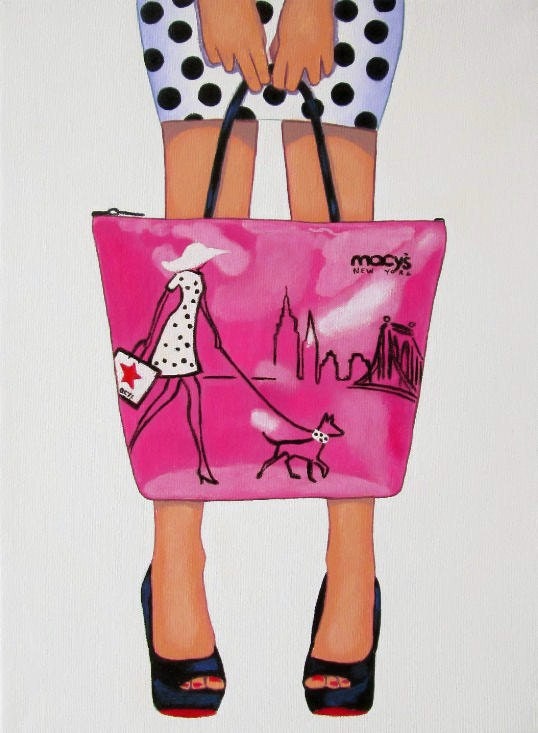 Original Painting Fashion Girl Christian Louboutin black shoes pink Macys bag polka dot skirt  by Julie Barry