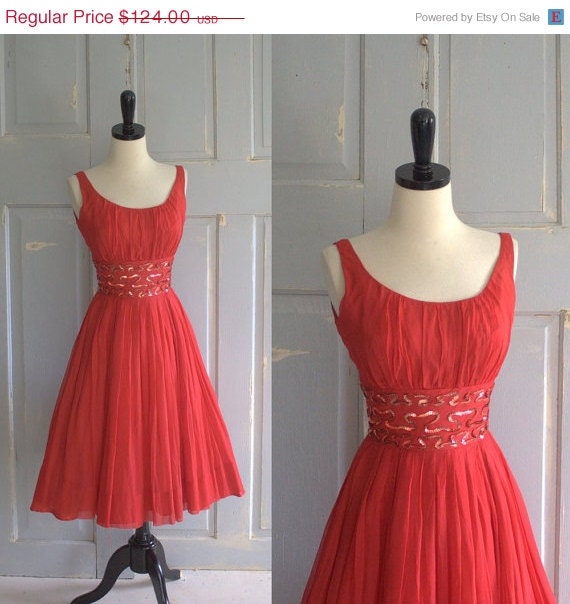 SALE Vintage 1950s Dress 50s Red Tulle Sequined Cocktail Party Dress Womens Size Small