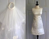 SALE Vintage 1960s Wedding Dress Short Length Fitted Satin Lace Ivory Simple Classic Dress with Veil Size Small