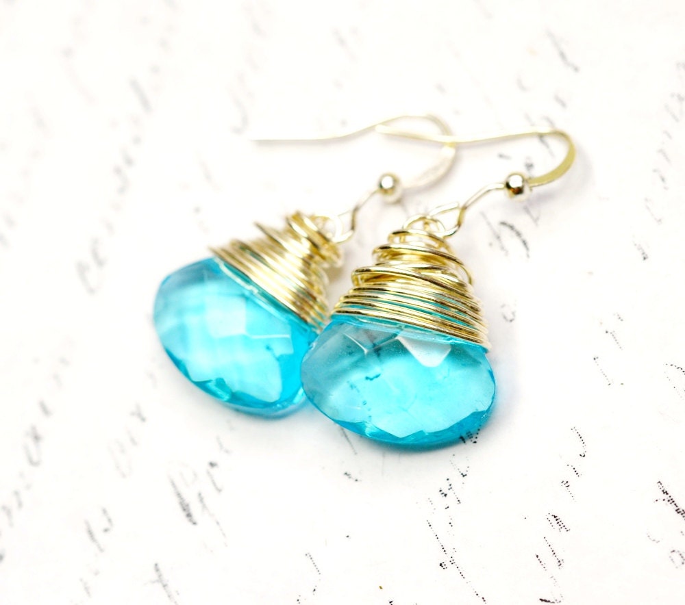 Aquamarine Blue Dangle Earrings, Wire Wrapped Briolette Earrings,Ocean Blue Jewelry