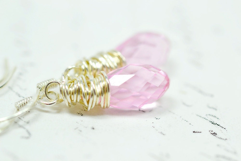 Sparkling Pink Teardrop Earrings on Sterling Silver, Swarovski Crystal Dangle Earrings