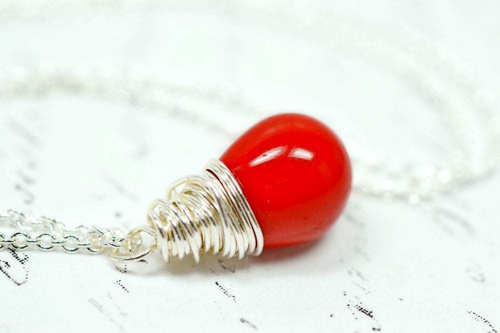 Shiny Red Solitaire Necklace on Sterling Silver, Opaque Glass Teardrop Necklace