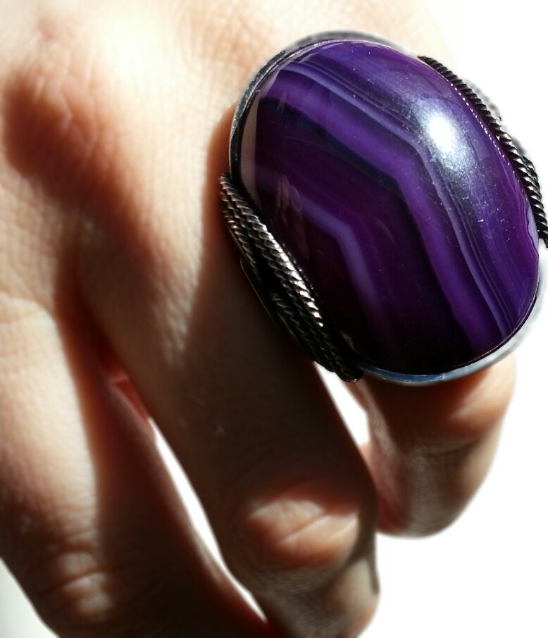 Grape Purple Ring, Statement Ring, Striped Banded Agate, Rustic Sterling Silver, Eggplant, Wire Ring