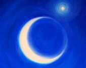 Crescent Moon Star Blue Art Print Reproduction10" x 5" Vertical Format