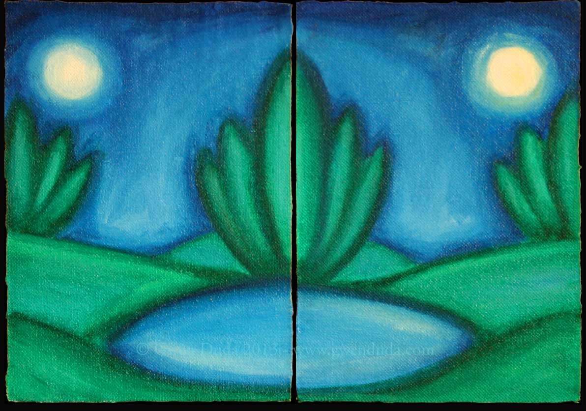 Landscape Oil Painting Small Sun Moon Trees Pond Magical 10 x 7 Blue Green
